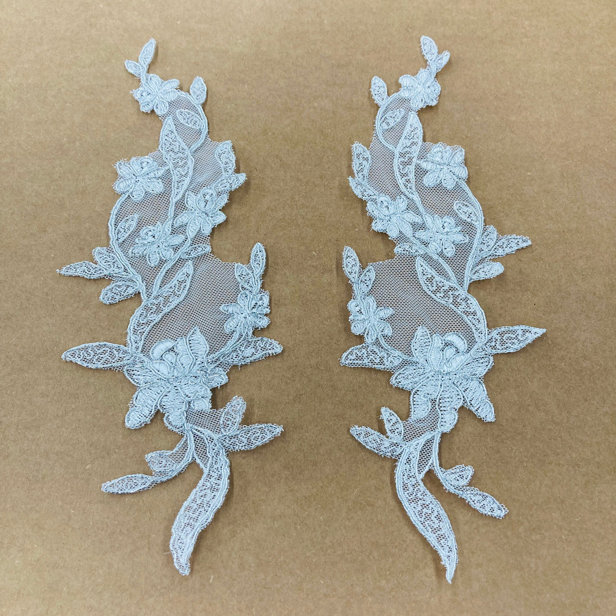 Corded Floral Applique Polyester Fabric - Ivory, White, Ivory With Silver, White With Silver, 11" X 3" (1 Pair)
