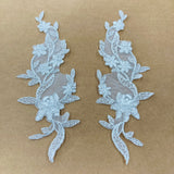 Corded Floral Applique Polyester Fabric - Ivory, White, Ivory With Silver, White With Silver, 11" X 3" (1 Pair)