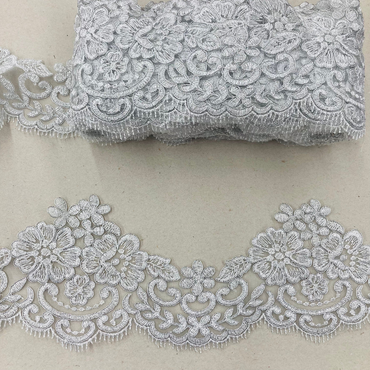 Corded Lace Trimming Embroidered On 100 Percent Polyester Net Mesh Fabric - Gold, Ivory With Silver, Ivory, Silver, White With Silver, White, 6" Width (1 Yard)
