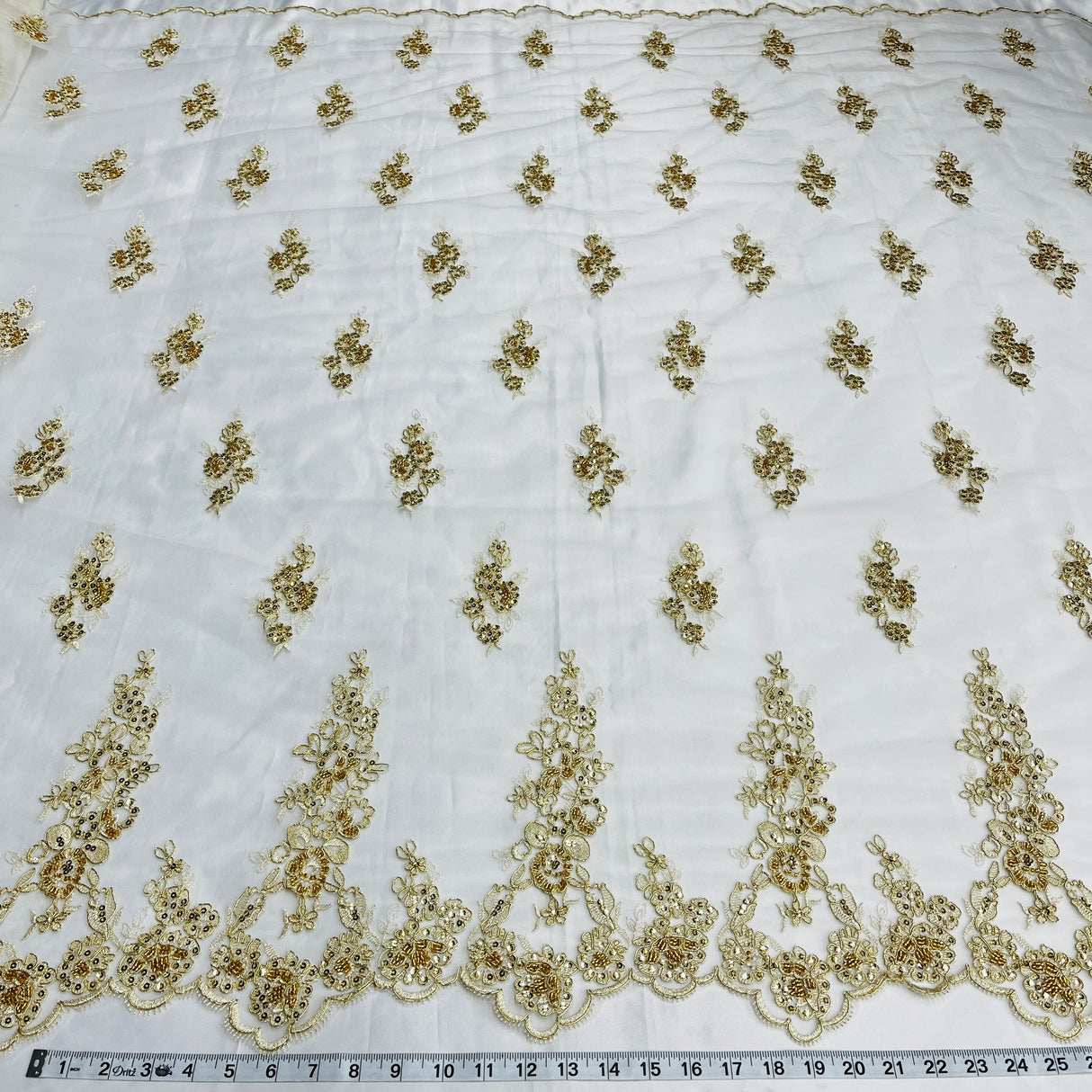 Beaded Corded Floral Lace White Mesh