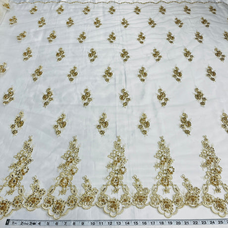 Beaded Corded Floral Lace White Mesh