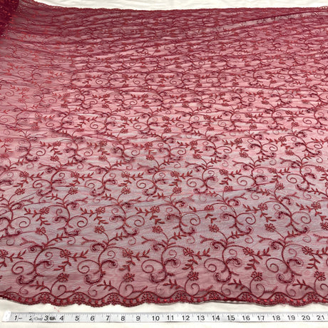 Beaded Lace Fabric on Polyester Net Mesh Red 52"