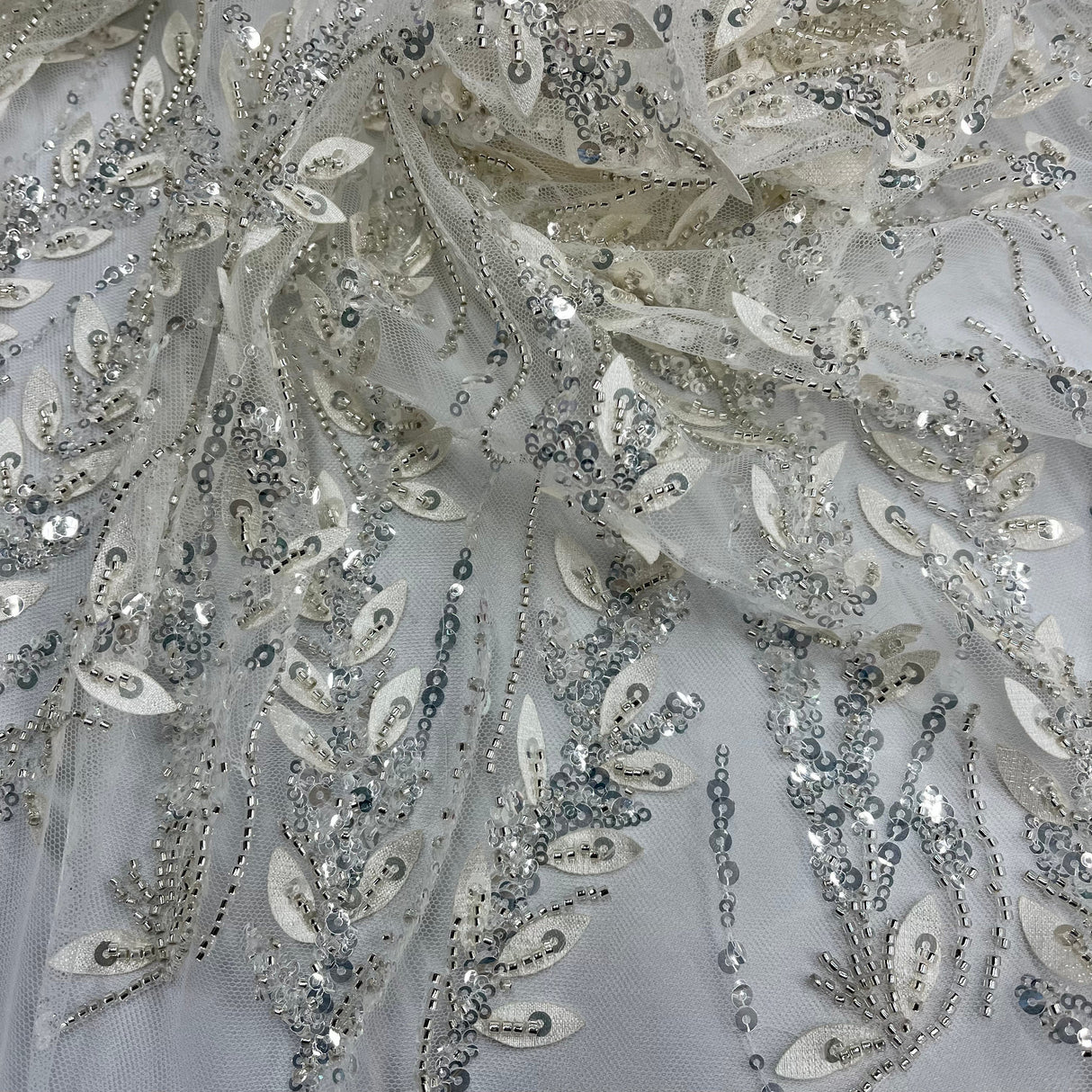 Beaded 3D Floral Lace Fabric Ivory Silver