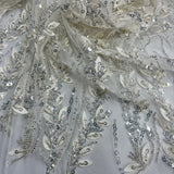 Beaded 3D Floral Lace Fabric Ivory Silver