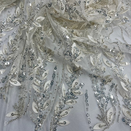 Beaded 3D Floral Lace Fabric Ivory Silver
