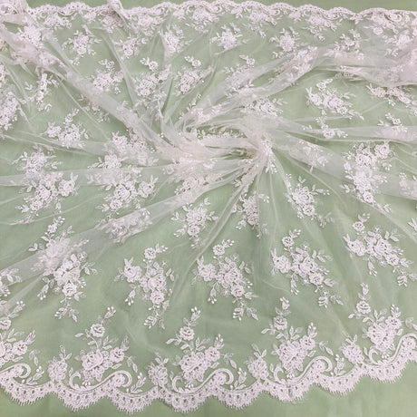 1 Yard Corded Bridal Lace Fabric Embroidered on 100 Percent Polyester Net Mesh White 56 inch Width