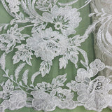 1 Yard Corded & Sequined Bridal Lace Fabric Embroidered on 100% Polyester Net Mesh – Silver – 54"