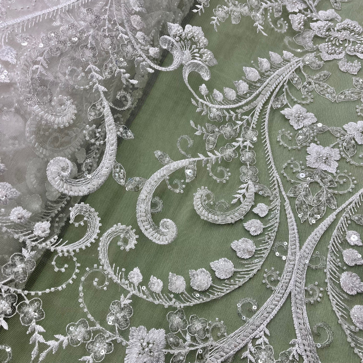 Beaded Lace Fabric on Polyester Net Mesh