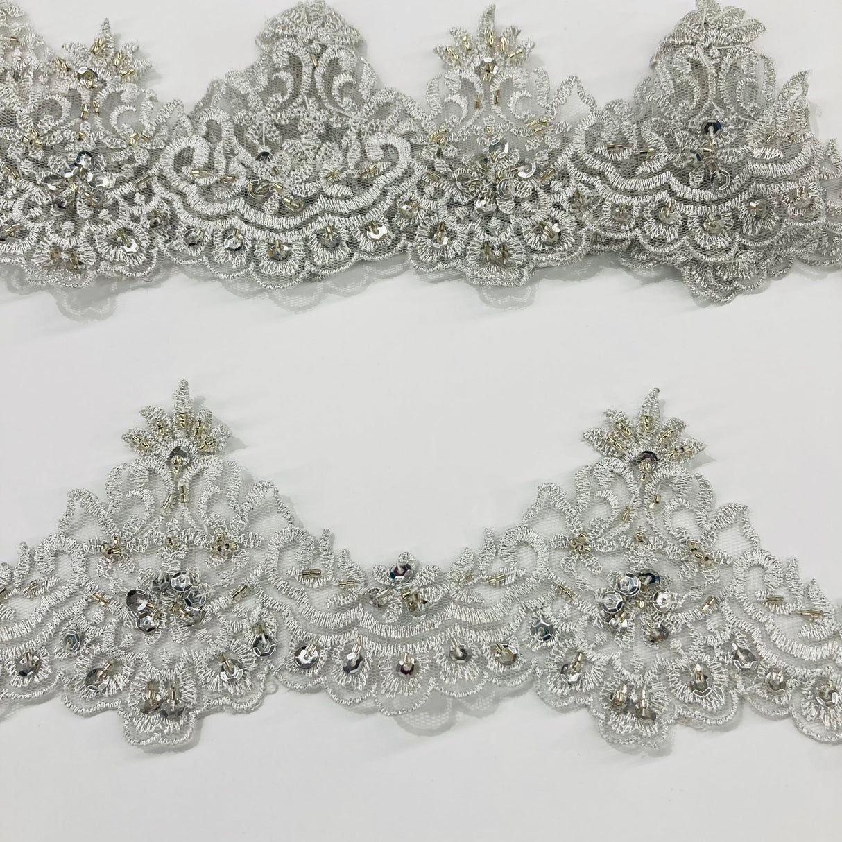 Beaded Lace Trimming Embroidered On 100 Percent Polyester Net Mesh Fabric - Gold, Silver, White Beaded Embroidery, 3" Width (1 Yard)