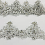 Beaded Lace Trimming Embroidered On 100 Percent Polyester Net Mesh Fabric - Gold, Silver, White Beaded Embroidery, 3" Width (1 Yard)