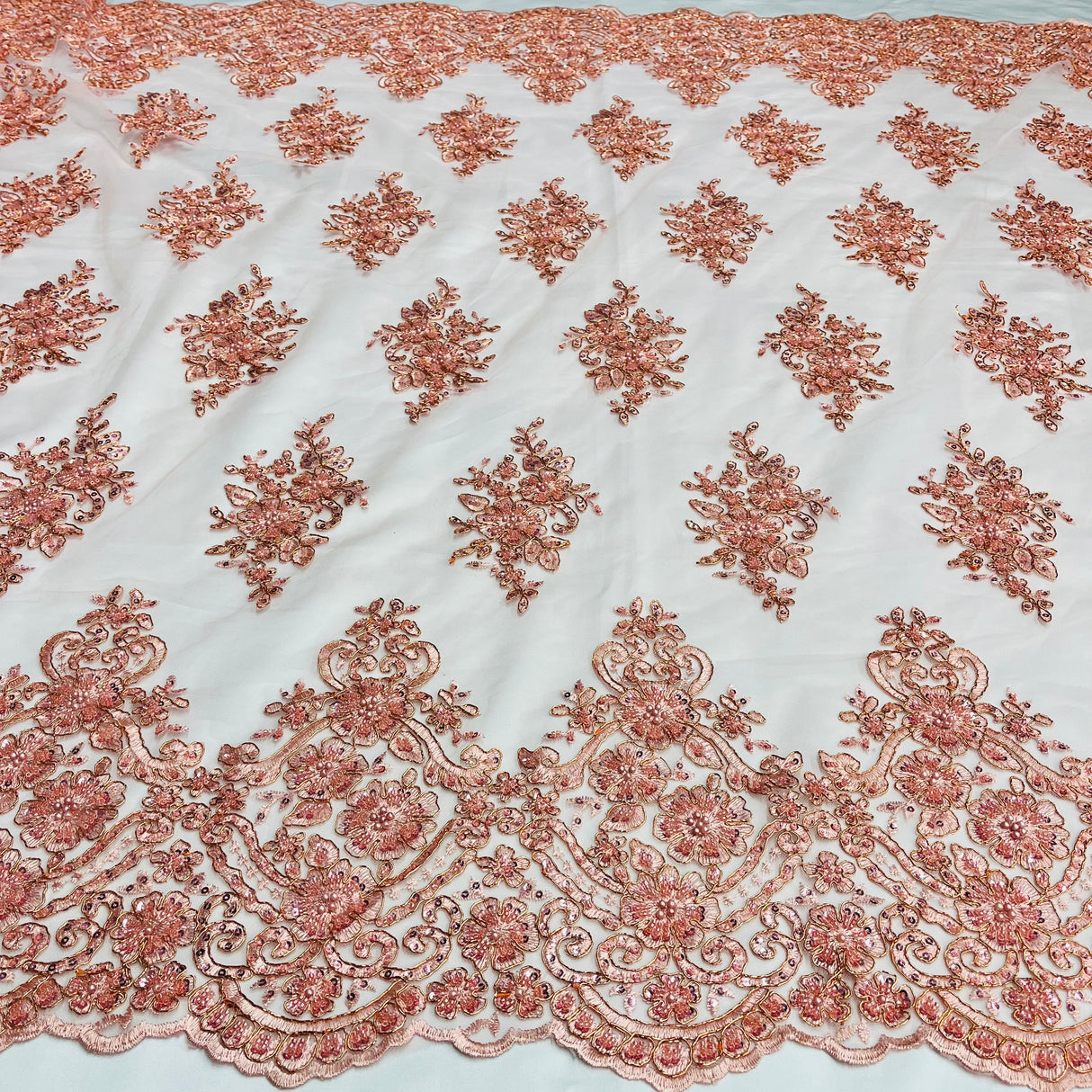 Beaded Corded Lace Fabric - Scalloped Embroidered Metallic Lace, 54" Width (1 Yard)