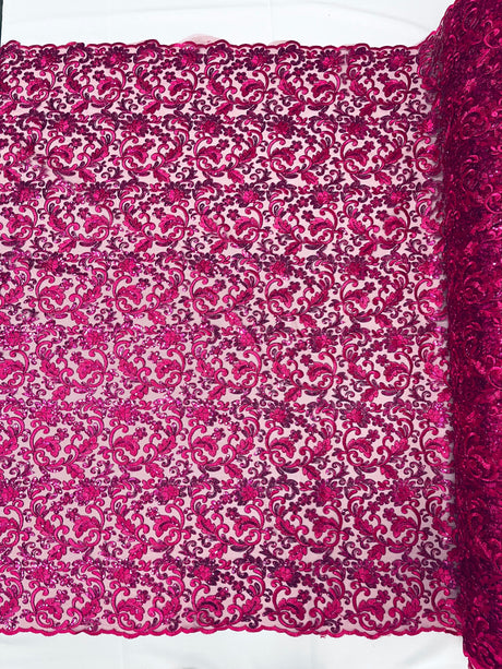 Angela Metallic Corded Lace Fabric - Embroidered Sequins Mesh Lace, Double Scallop Edge, 50-54" Width (1 Yard)