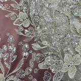 Beaded Lace Fabric Embroidered On 100 Percent Polyester Net Mesh - White, Ivory, Antique Silver, 54" Width (1 Yard)