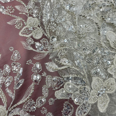Beaded Lace Fabric Embroidered On 100 Percent Polyester Net Mesh - White, Ivory, Antique Silver, 54" Width (1 Yard)