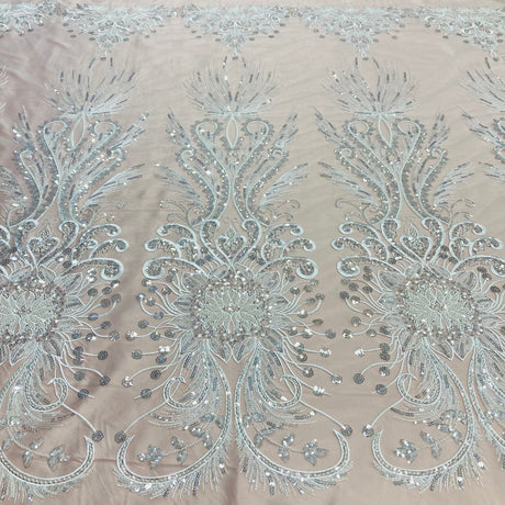 1 Yard Beaded Lace Fabric Embroidered on 100% Polyester Net Mesh | Ivory