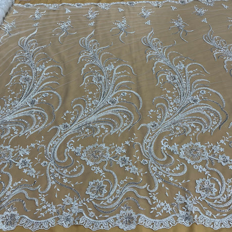 1 Yard Ivory Beaded and Corded Bridal Lace Fabric Embroidered on Polyester Net Mesh 52 Inch Width