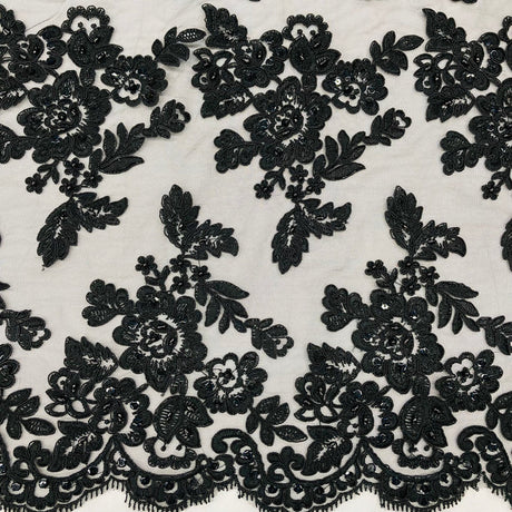 1 Yard Elegant Beaded and Corded Bridal Lace Fabric Embroidered on 100% Polyester Net Mesh White