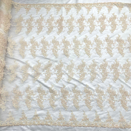 1 Yard Silver Corded Bridal Lace Fabric Embroidered on Polyester Net Mesh for Wedding and Evening Gowns – 54"