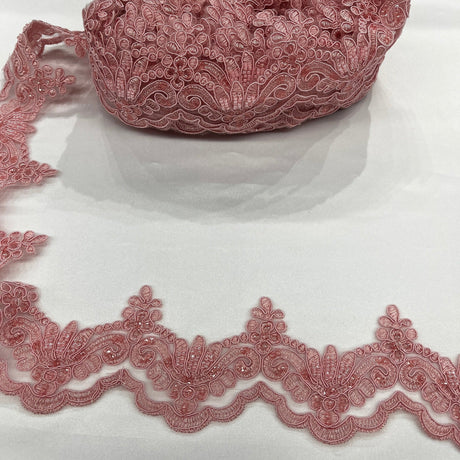 Beaded Corded Lace Trimming 100 Percent Polyester Net Mesh Fabric - Embroidered, 3" Wide, Multiple Colors (1 Yard)