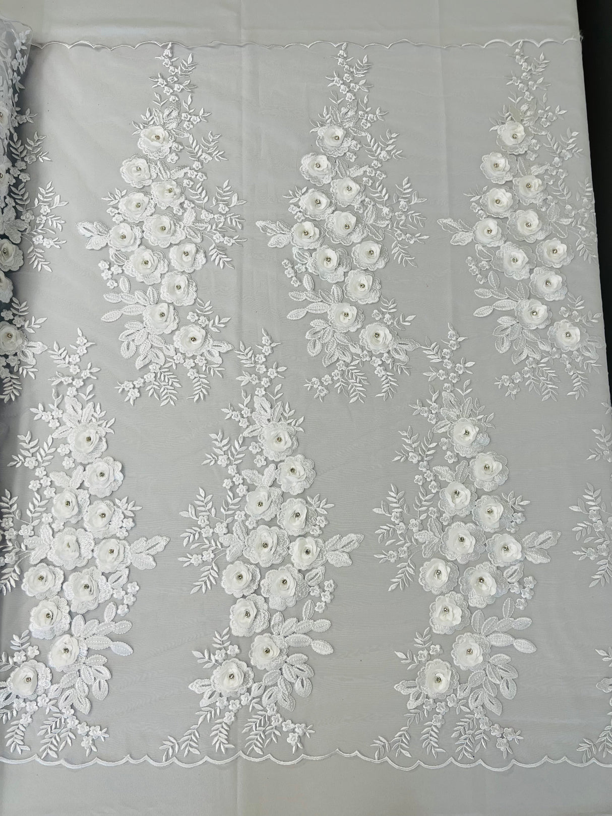 Rosa 3D Floral Design With Rhinestones Polyester Fabric - 3D Floral Embroidered Mesh Lace, 54" Width (1 Yard)