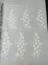 Rosa 3D Floral Design With Rhinestones Polyester Fabric - 3D Floral Embroidered Mesh Lace, 54" Width (1 Yard)