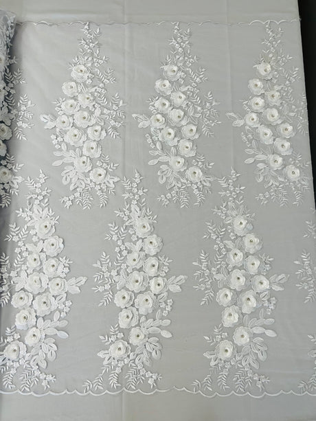Rosa 3D Floral Design With Rhinestones Polyester Fabric - 3D Floral Embroidered Mesh Lace, 54" Width (1 Yard)