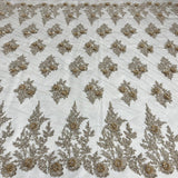 1 Yard Silver Beaded 3D Floral Lace Fabric Embroidered on Polyester Net Mesh Couture 52 Inch Width