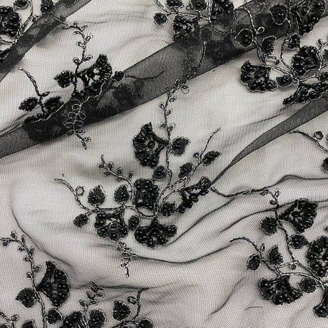 Beaded Sequined Lace Fabric on Polyester Net Mesh