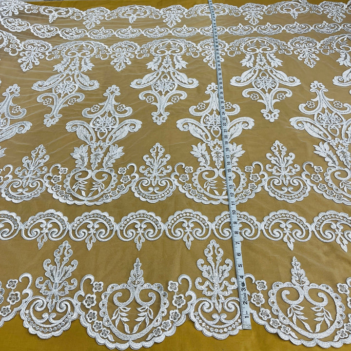 1 Yard Beaded and Corded Bridal Lace Fabric for Elegant Dresses White