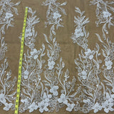 Beaded Lace Fabric Embroidered On 100 Percent Polyester Net Mesh - White, Ivory, Antique Silver, 54" Width (1 Yard)