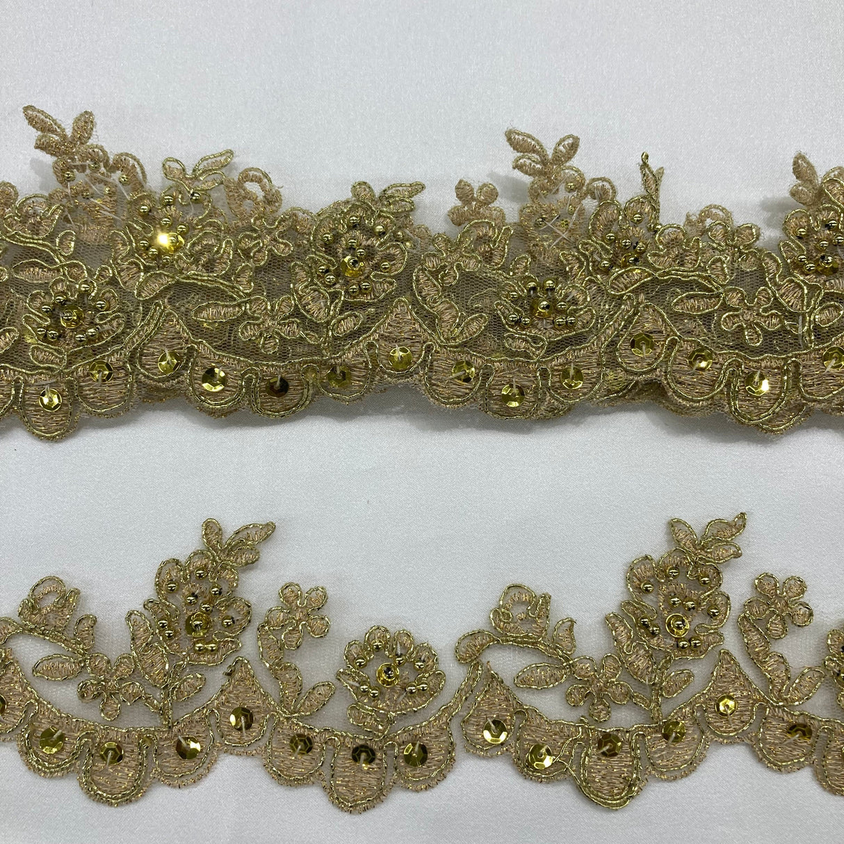 Beaded Corded Floral Lace Trimming Polyester Fabric - Floral Embroidered Net Mesh, 2" Width (1 Yard)