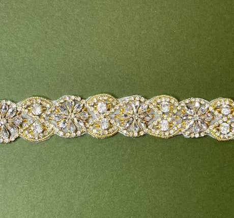Rhinestone Floral Sash Applique Silver Gold 18.75" x 1.25"