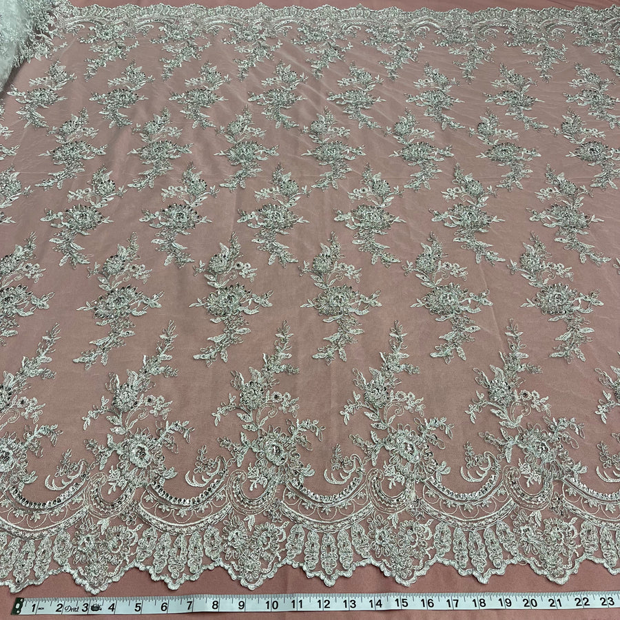 1 Yard Ivory Beaded & Corded Bridal Fabric Lace Embroidered on 100 Percent Polyester Net Mesh 51 Inch Width