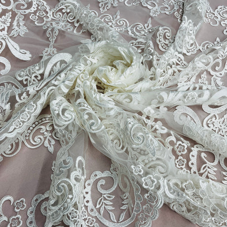 Corded Bridal Lace Fabric - Ivory With Silver Floral Embroidery, 51" Width (1 Yard)