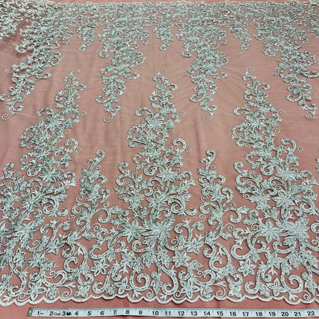 1 Yard Beaded and Corded Bridal Lace Fabric Embroidered on Polyester Net Mesh 51 inch Width