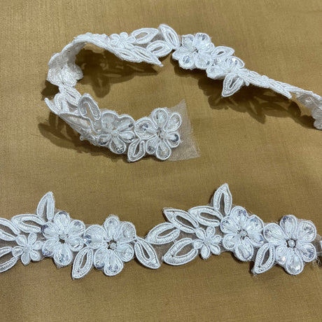 Beaded & Corded Lace Trimming Embroidered On 100% Polyester Net Fabric - 1.5" Width, Multiple Colors (1 Yard)