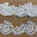 Corded Lace Trimming Embroidered On 100 Percent Polyester Net Mesh Fabric - Black, Gold Antique, Gold Metallic, Ivory With Silver Cording, Ivory, Red, Silver Metallic, White With Silver Cording, White, 3.5" Width (1 Yard)