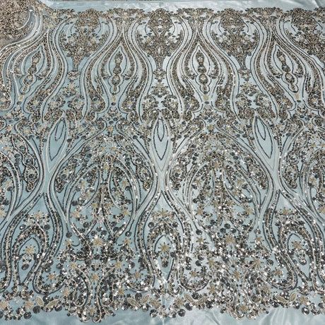 Beaded Lace Fabric Embroidered On 100 Percent Polyester Net Mesh - Gold, Silver, 54" Width (1 Yard)