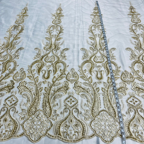 1 Yard Beaded Lace Fabric Embroidered on Polyester Net Mesh White