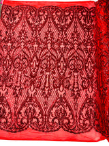 Heart Sequin Damask Polyester Fabric - Heart Damask, Iridescent Sequins, 54" Width (1 Yard)