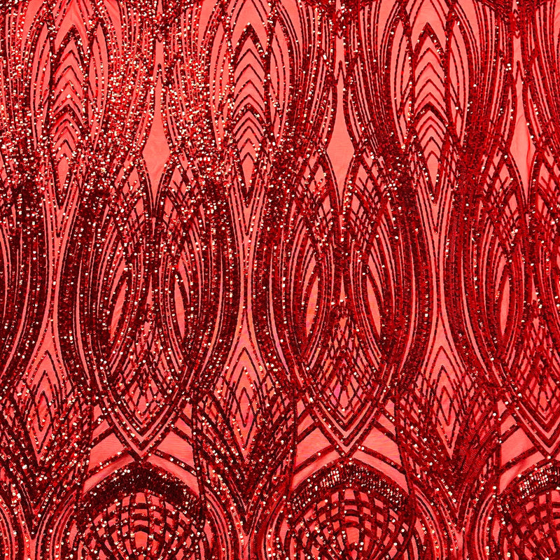 Feather Damask Shiny Sequin Design 4 Way Stretch Mesh Fabric - Iridescent Sequin Embroidered Mesh, 48-50" Width, 36" Length (1 Yard)