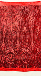 Feather Damask Shiny Sequin Design 4 Way Stretch Mesh Fabric - Iridescent Sequin Embroidered Mesh, 48-50" Width, 36" Length (1 Yard)
