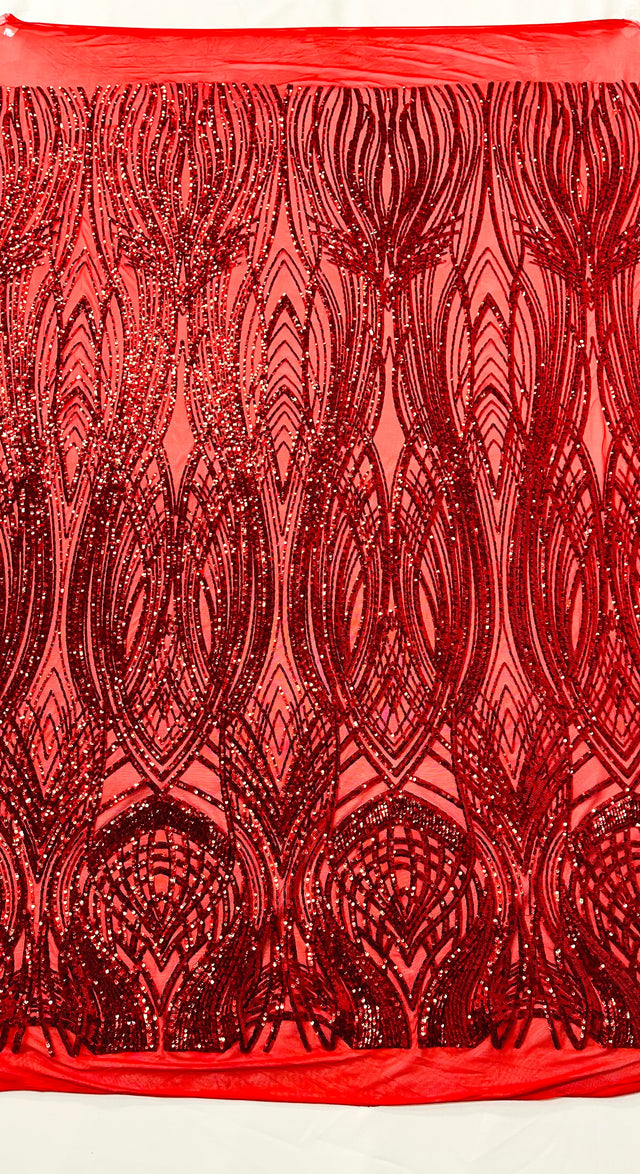 Feather Damask Shiny Sequin Design 4 Way Stretch Mesh Fabric - Iridescent Sequin Embroidered Mesh, 48-50" Width, 36" Length (1 Yard)