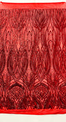 Feather Damask Shiny Sequin Design 4 Way Stretch Mesh Fabric - Iridescent Sequin Embroidered Mesh, 48-50" Width, 36" Length (1 Yard)