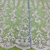 Ethereal Elegance Beaded Corded Bridal Embroidered Lace Polyester Fabric - White, Gold, Ivory, Silver, Rose Gold, 54" Width (1 Yard)