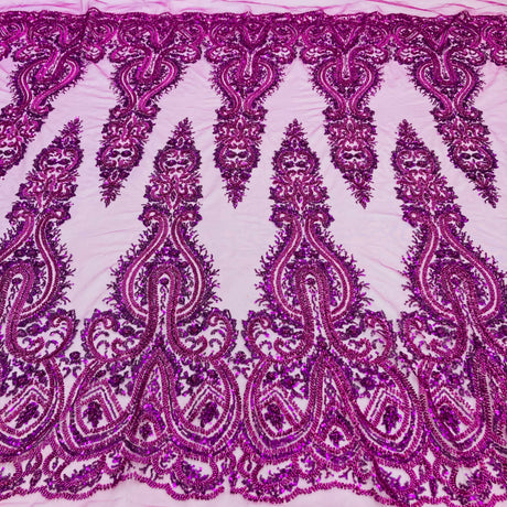 Beaded Lace Fabric Embroidered On 100 Percent Polyester Net Mesh Fabric - Rose Gold, Red, Blush, 51" Wide (1 Yard)