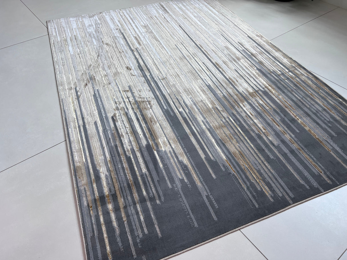 Maximus 241 Polyester Viscose Blend Fabric - Silver With Gold Geometric Design, Color-Changing Flat Weave (1 Rug)