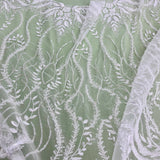 Beaded Lace Fabric - Embroidered 100 Percent Polyester Net Mesh, White, Ivory, Antique Silver, 56" Width (1 Yard)