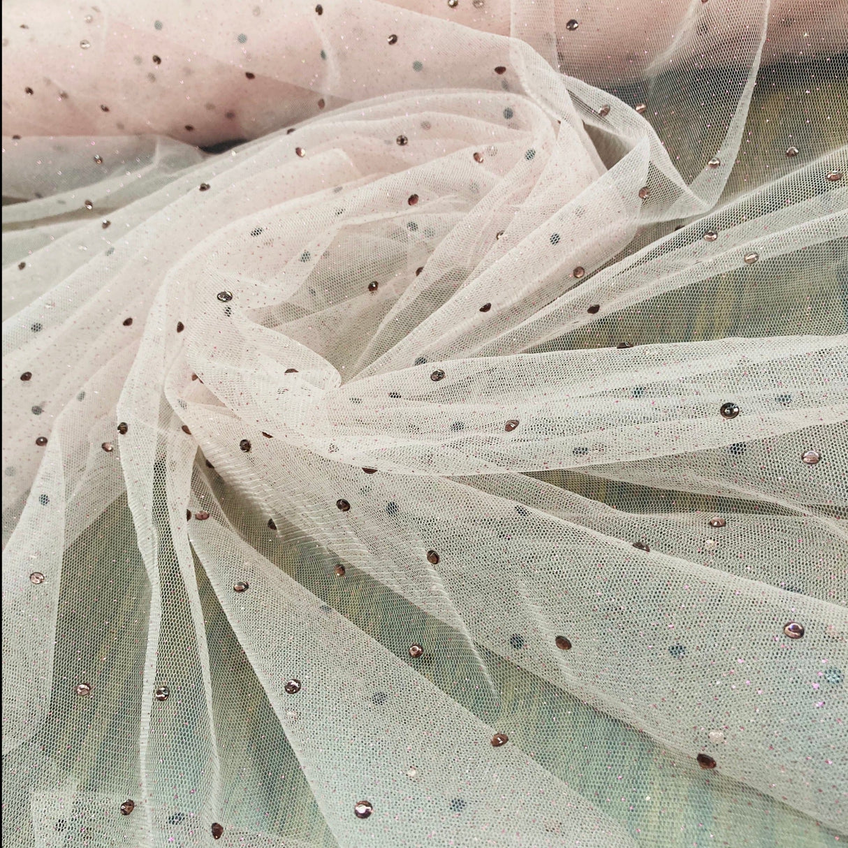 Glitter Mesh Fabric with Scattered Rhinestones