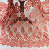 Beaded Corded Lace Fabric on Polyester Net Mesh